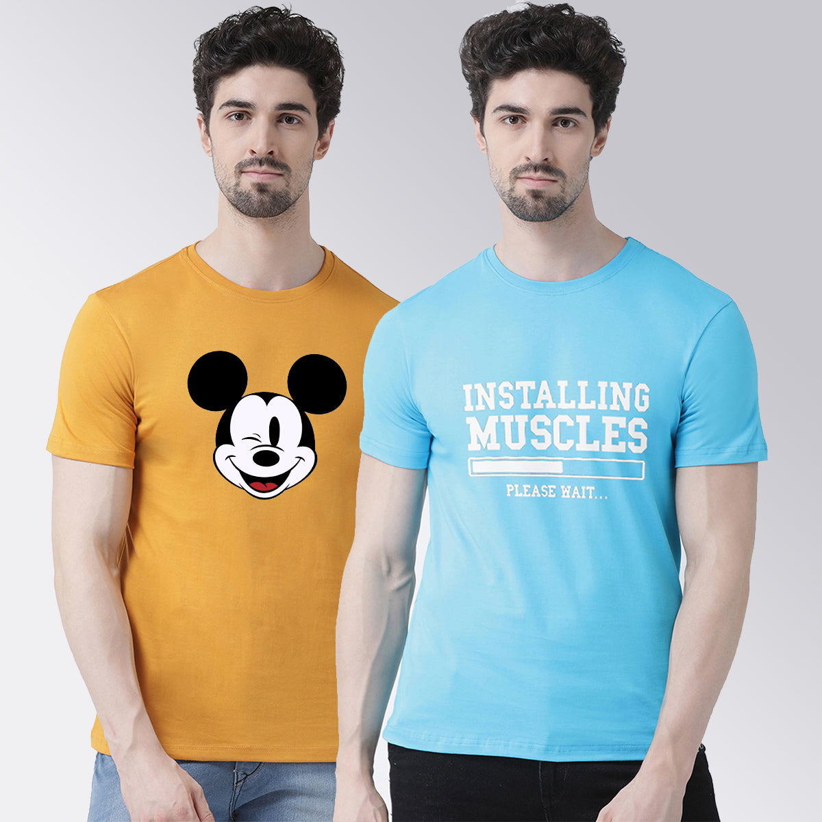 Men's Pack Of 2 Mustard & Turquiose Printed Half Sleeves T-Shirt - Friskers