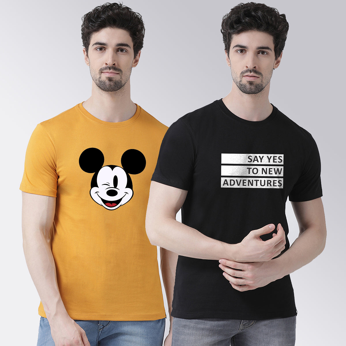 Men's Pack Of 2 Mustard & Black Printed Half Sleeves T-Shirt - Friskers