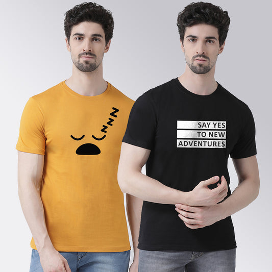 Men's Pack Of 2 Mustard & Black Printed Half Sleeves T-Shirt - Friskers