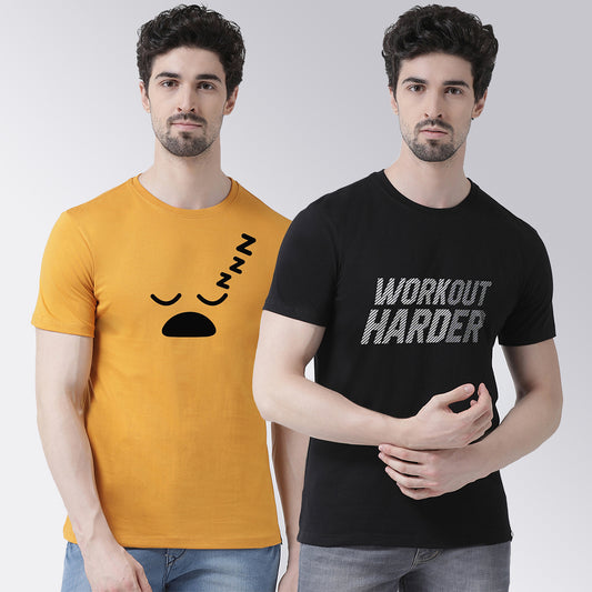 Men's Pack Of 2 Mustard & Black Printed Half Sleeves T-Shirt - Friskers