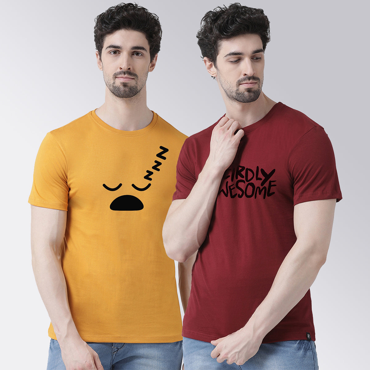 Men's Pack Of 2 Mustard & Maroon Printed Half Sleeves T-Shirt - Friskers