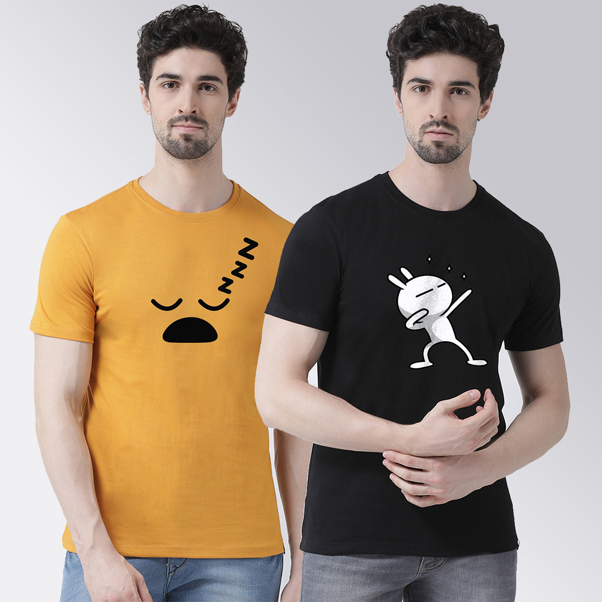 Men's Pack Of 2 Printed Round Neck Half Sleeves T-Shirt - Friskers