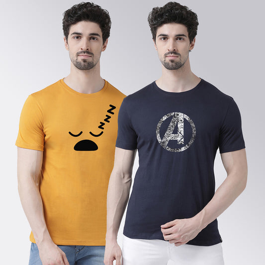 Men's Pack Of 2 Mustard & Navy Printed Half Sleeves T-Shirt - Friskers