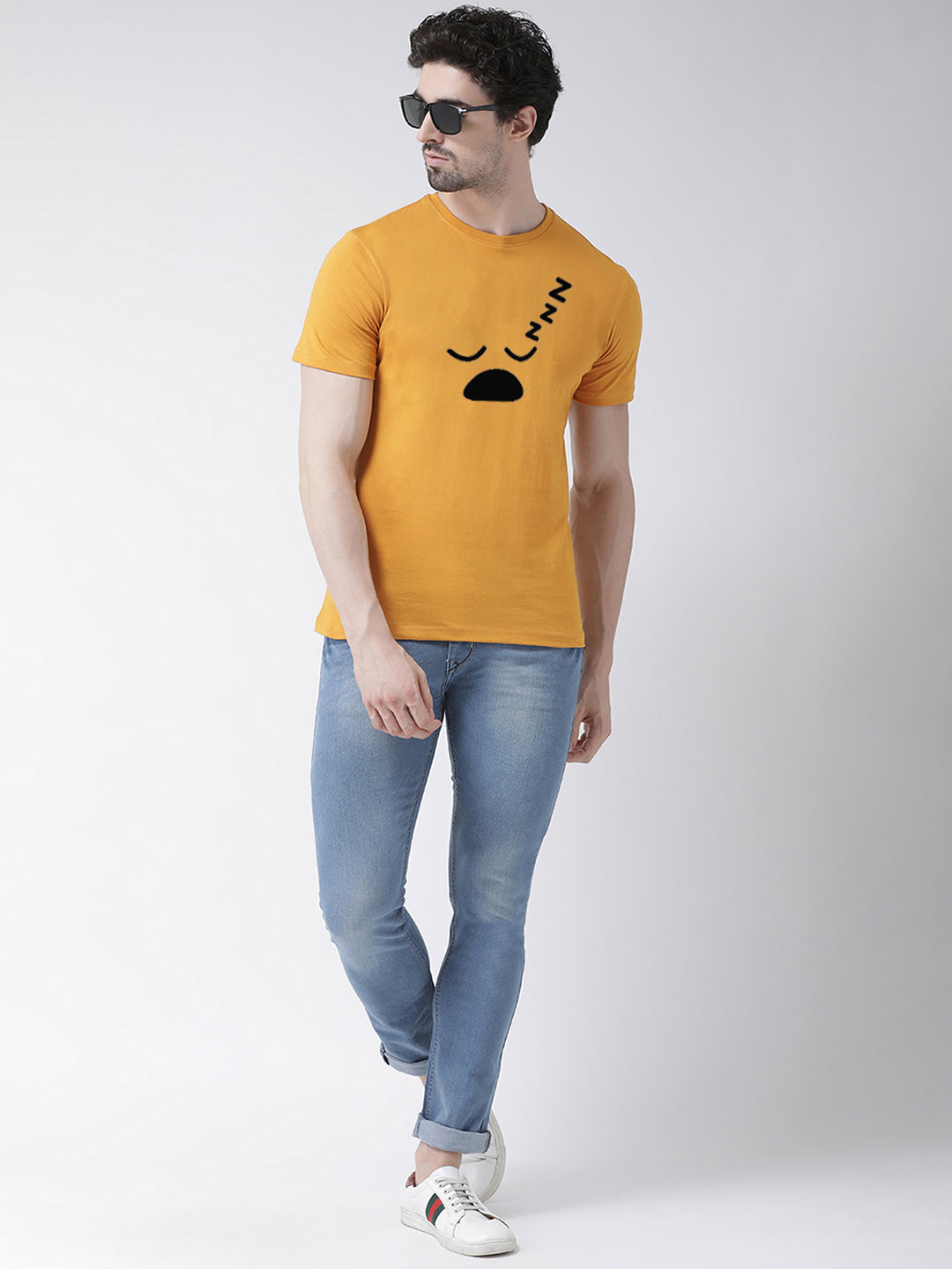 Men's Pack Of 2 Mustard & White Printed Half Sleeves T-Shirt - Friskers