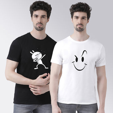 Men's Pack Of 2 Black & White Printed Half Sleeves T-Shirt - Friskers