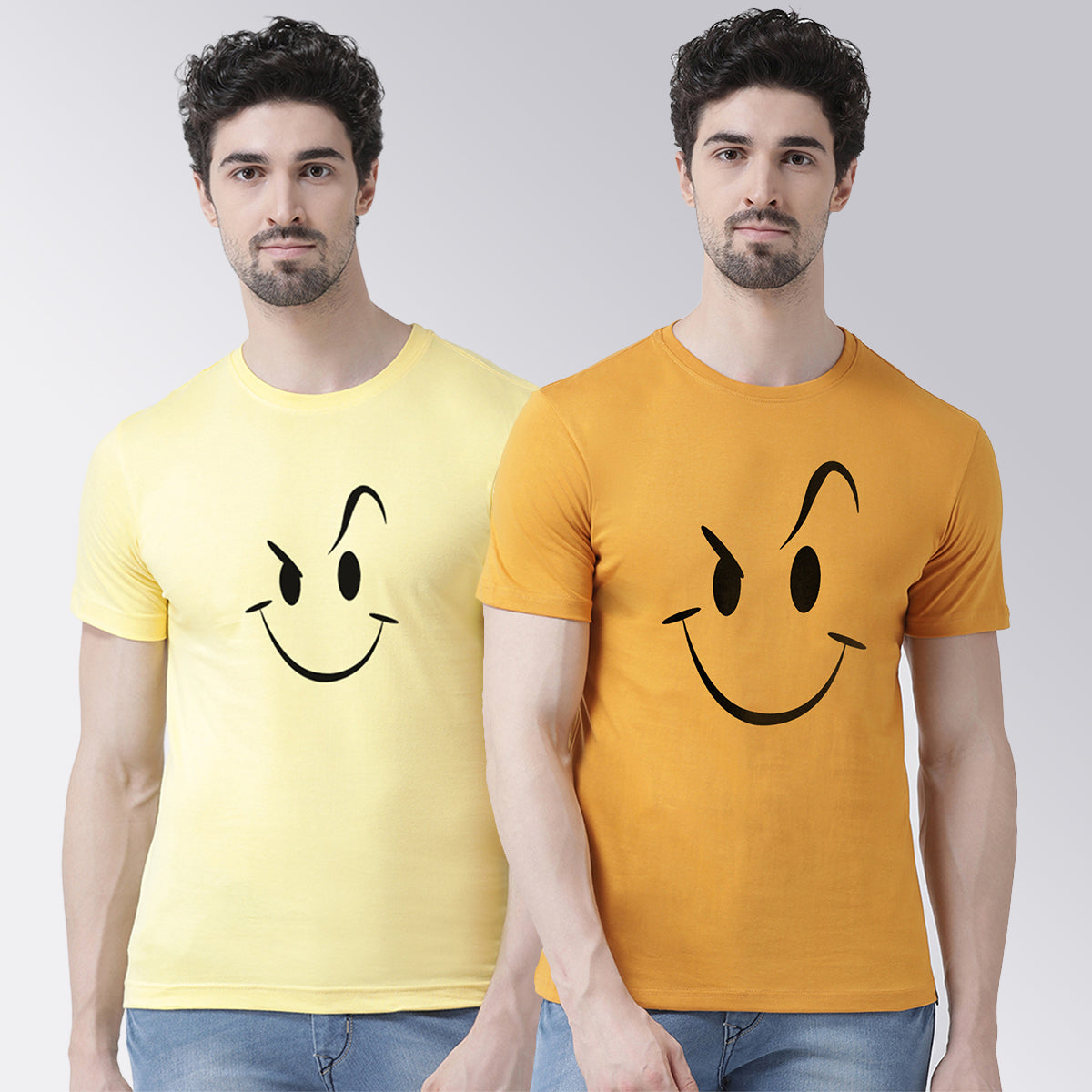 Men's Pack Of 2 Yellow & Mustard Printed Half Sleeves T-Shirt - Friskers