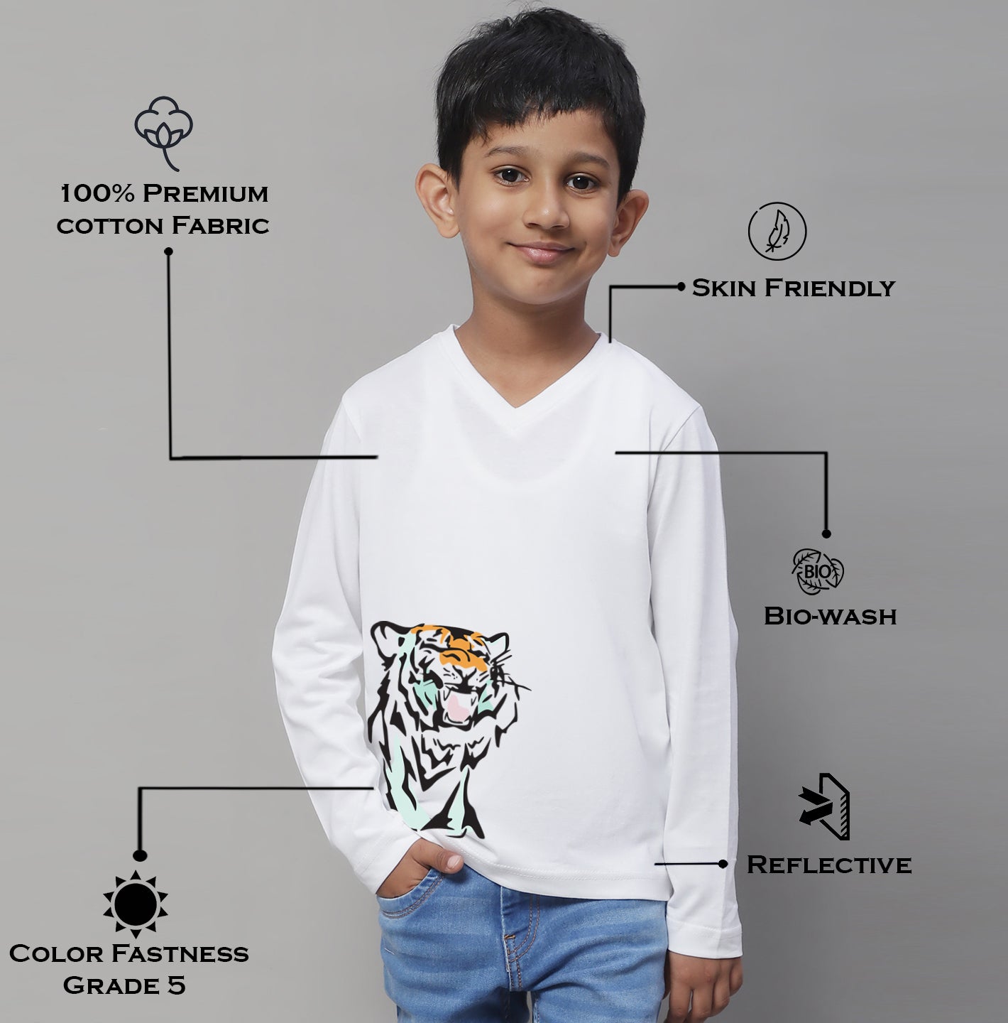 Boys Tiger Full Sleeves Printed T-Shirt - Friskers