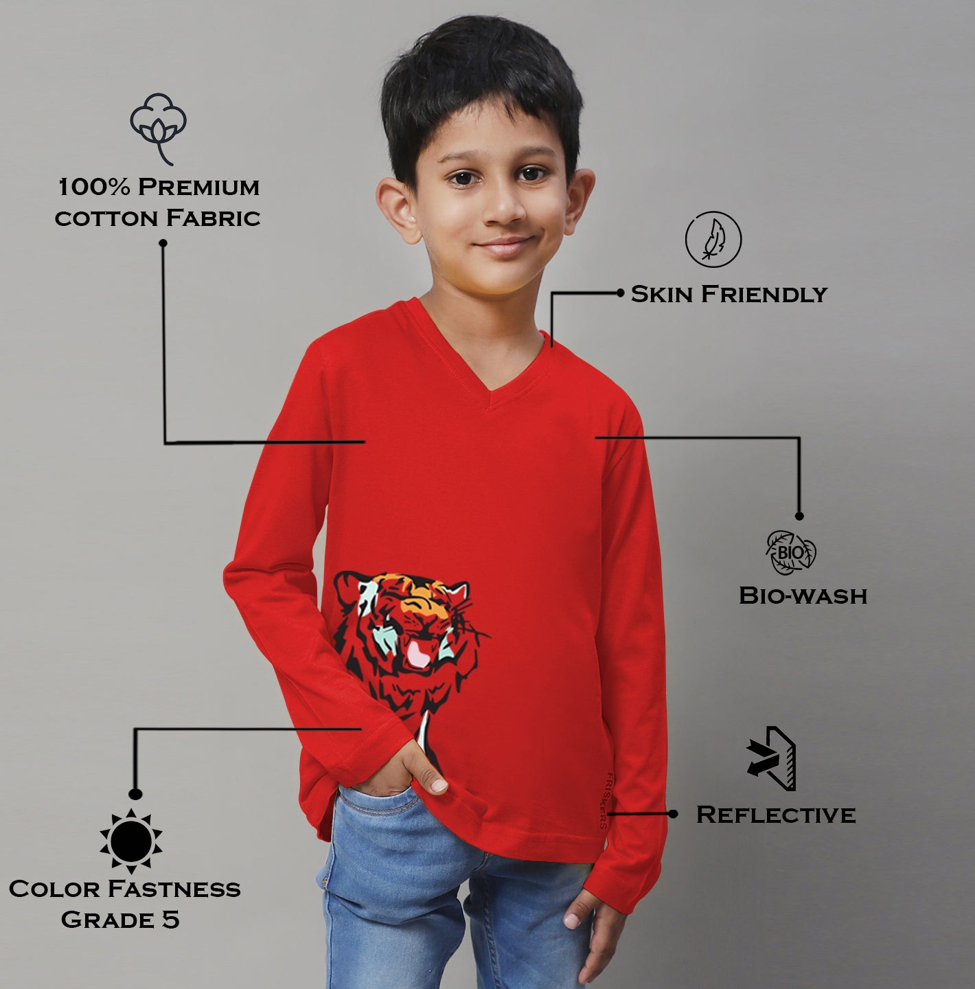 Boys Tiger Full Sleeves Printed T-Shirt - Friskers