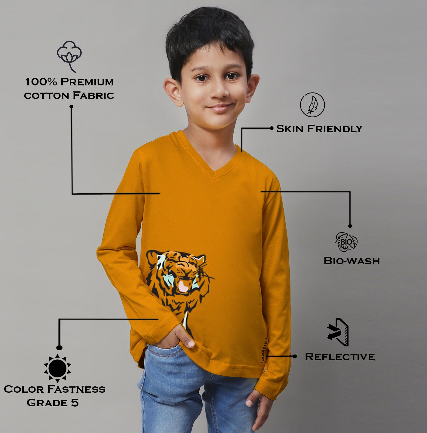 Boys Tiger Full Sleeves Printed T-Shirt - Friskers