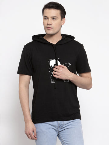 Bear Half Sleeves Printed Hoody T-shirt - Friskers