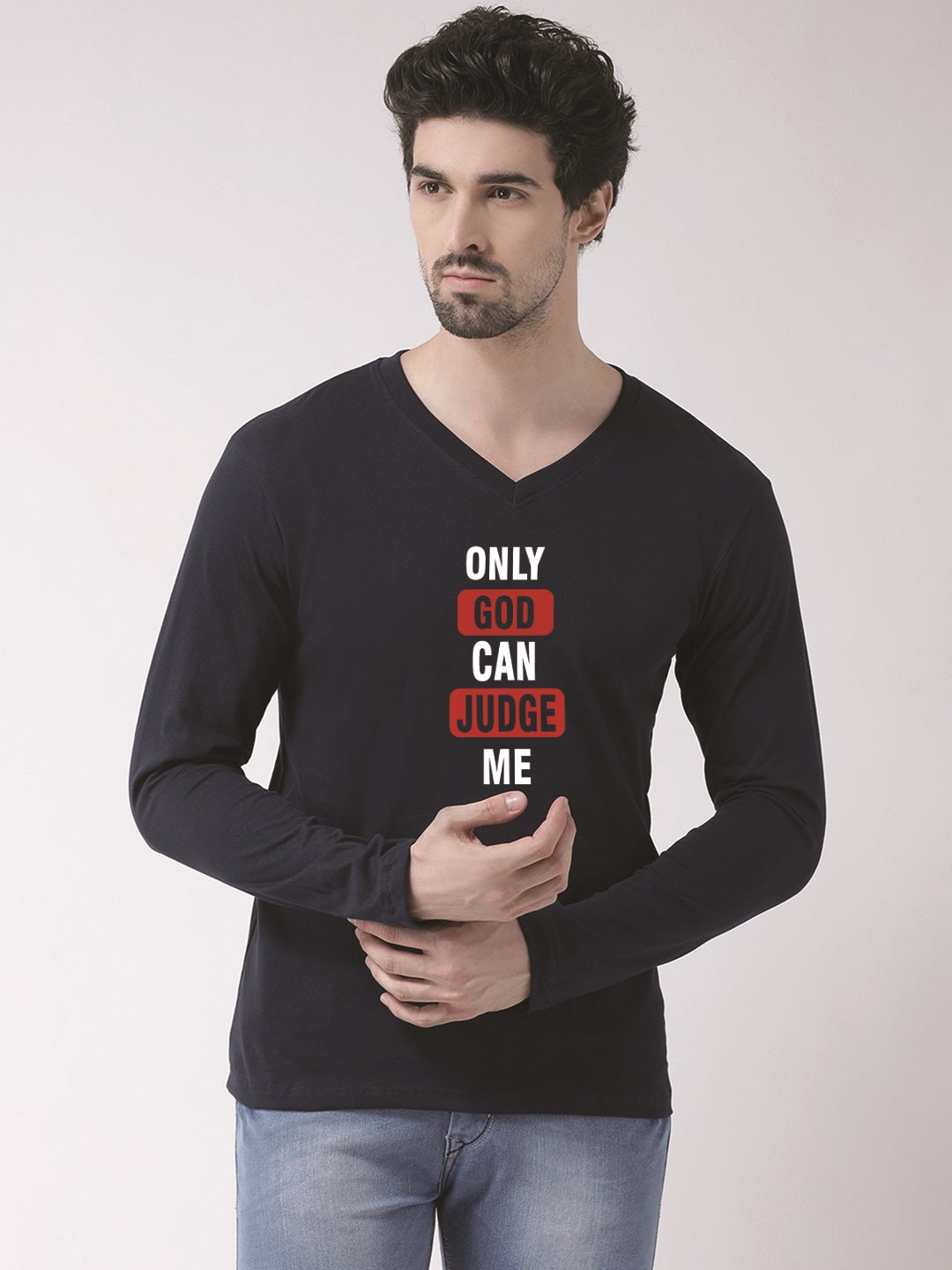 Men's Only God Can Judge Me Cotton Regular Fit V Neck T-Shirt - Friskers
