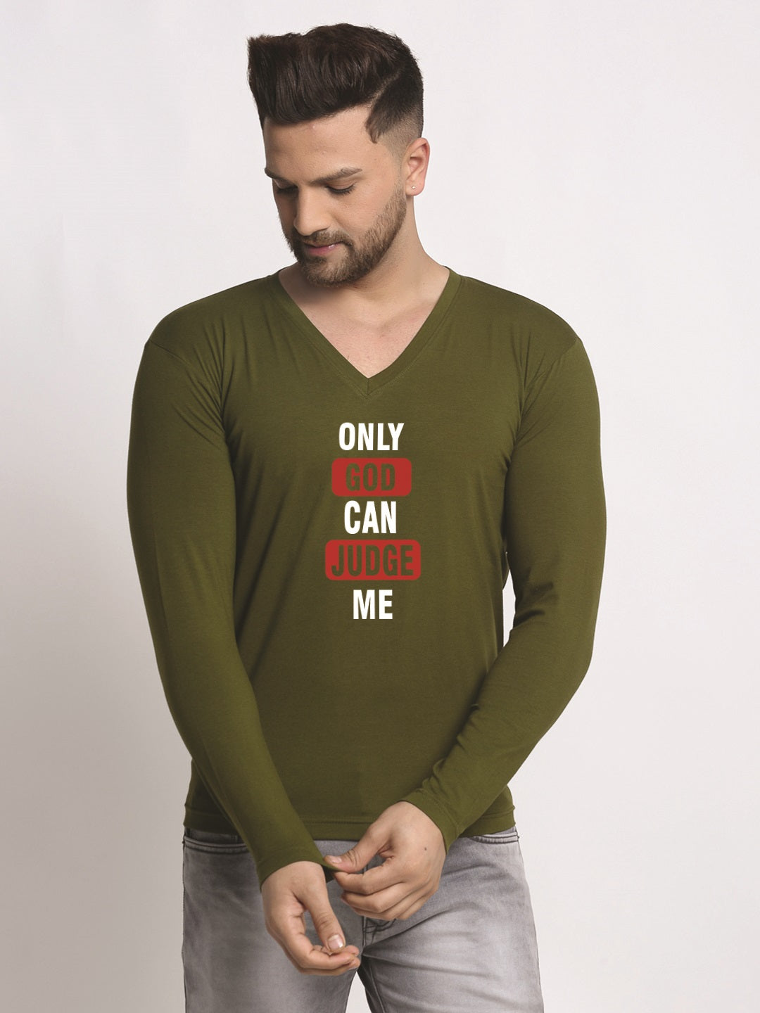 Men's Only God Can Judge Me Cotton Regular Fit V Neck T-Shirt - Friskers