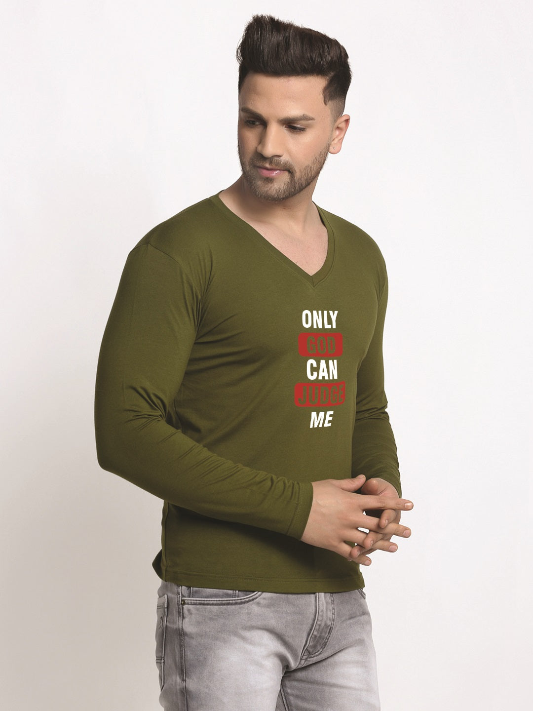 Men's Only God Can Judge Me Cotton Regular Fit V Neck T-Shirt - Friskers