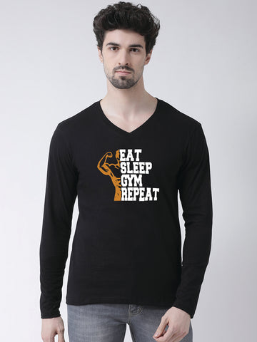 Men's Eat Sleep Gym Repeat Cotton Regular Fit V Neck T-Shirt - Friskers