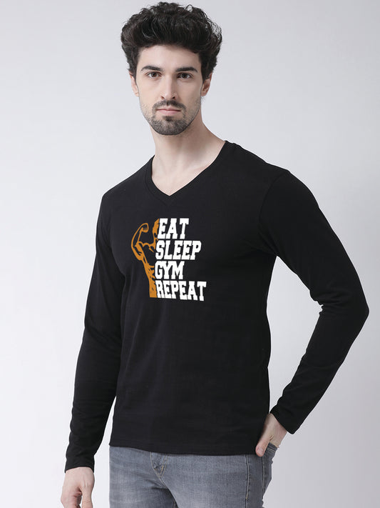 Men's Eat Sleep Gym Repeat Cotton Regular Fit V Neck T-Shirt - Friskers