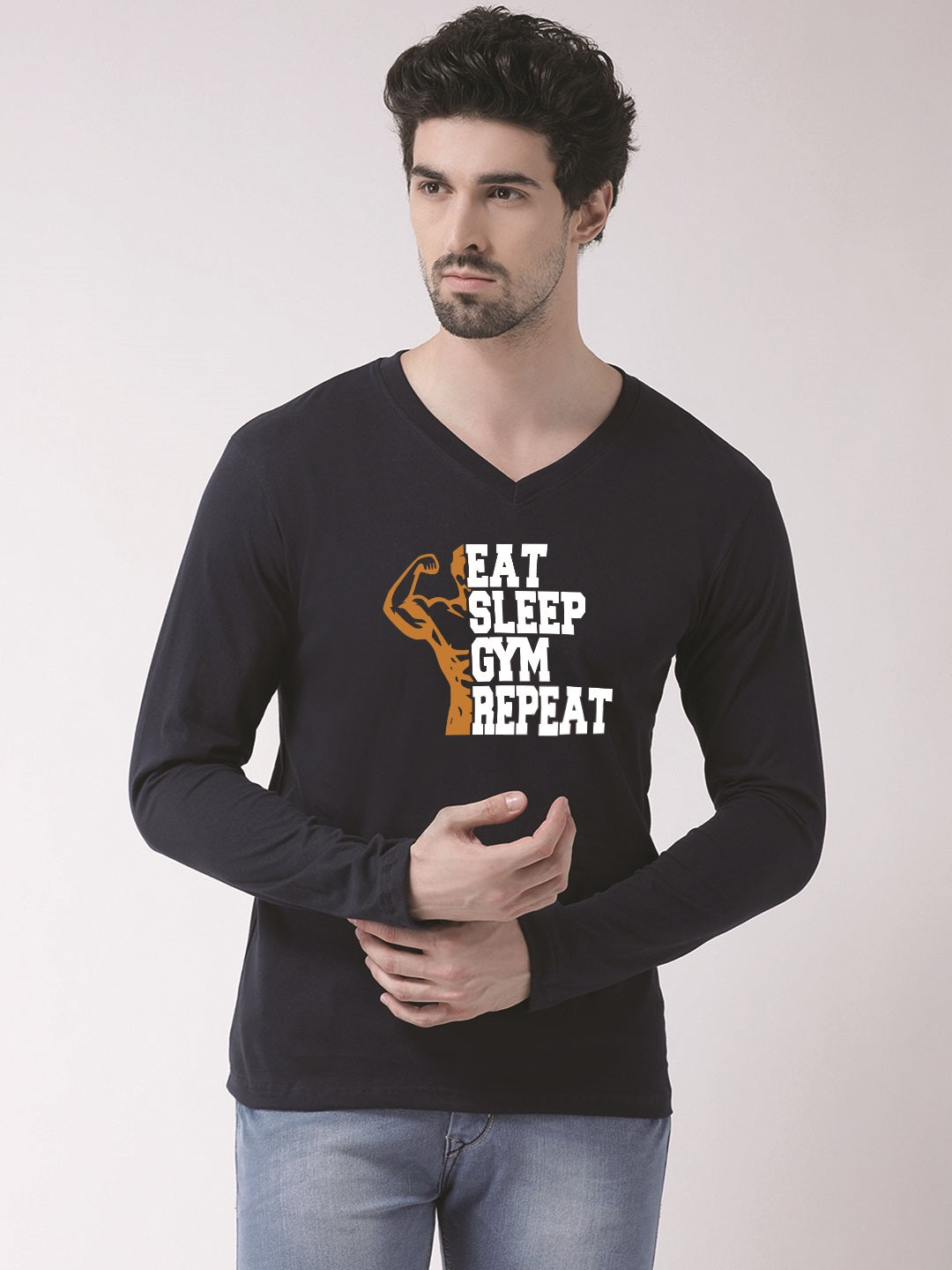 Men's Eat Sleep Gym Repeat Cotton Regular Fit V Neck T-Shirt - Friskers