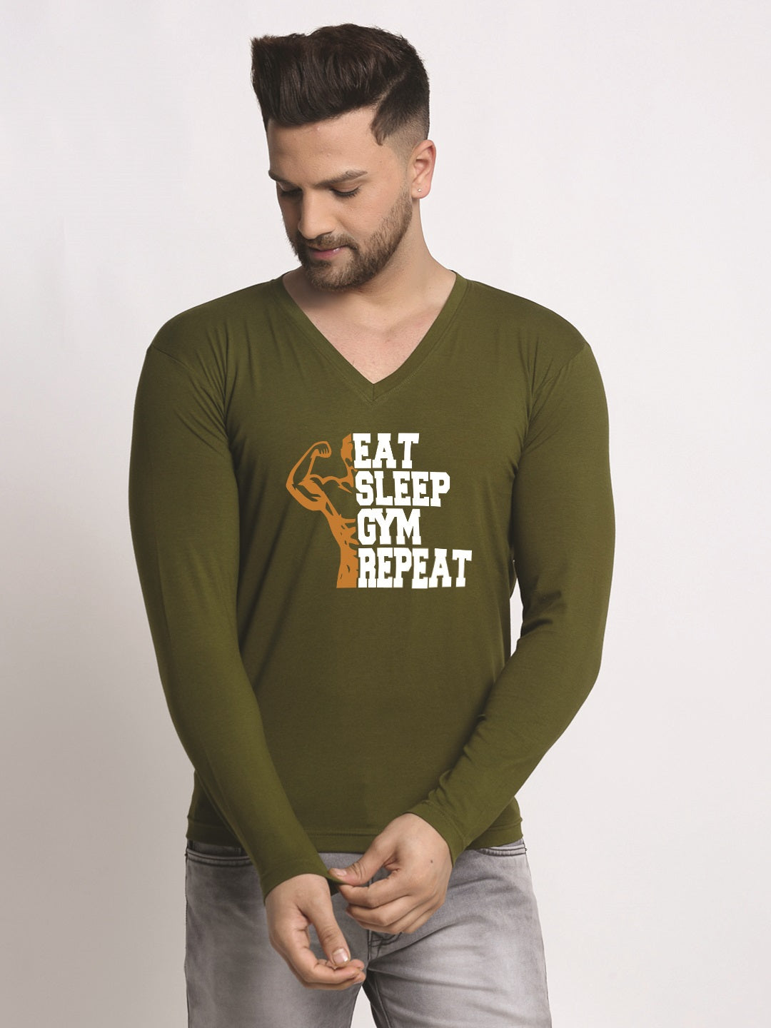 Men's Eat Sleep Gym Repeat Cotton Regular Fit V Neck T-Shirt - Friskers