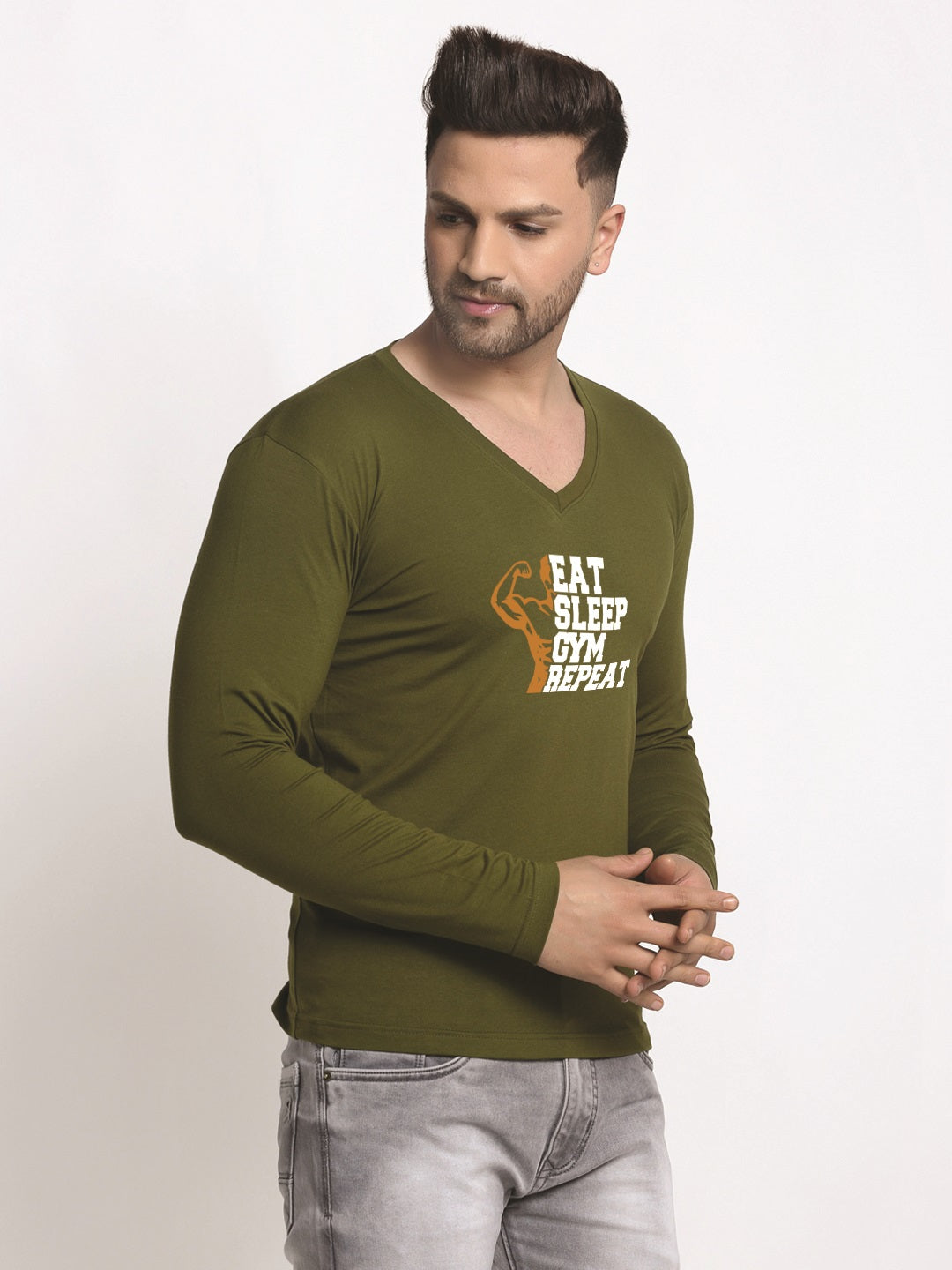 Men's Eat Sleep Gym Repeat Cotton Regular Fit V Neck T-Shirt - Friskers