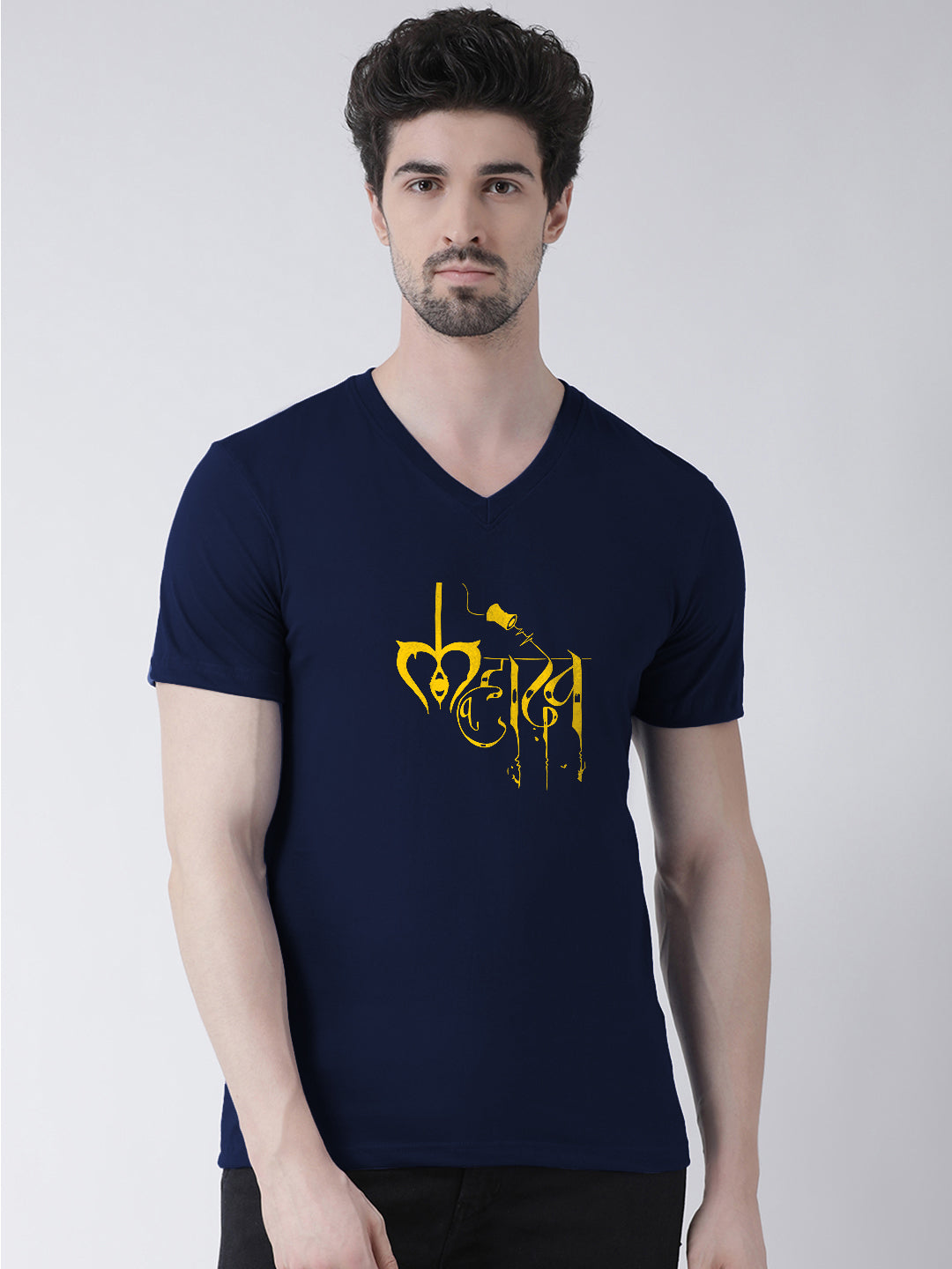 Men V-Neck Mahadev Printed Half Sleeve Cotton T-shirt - Friskers