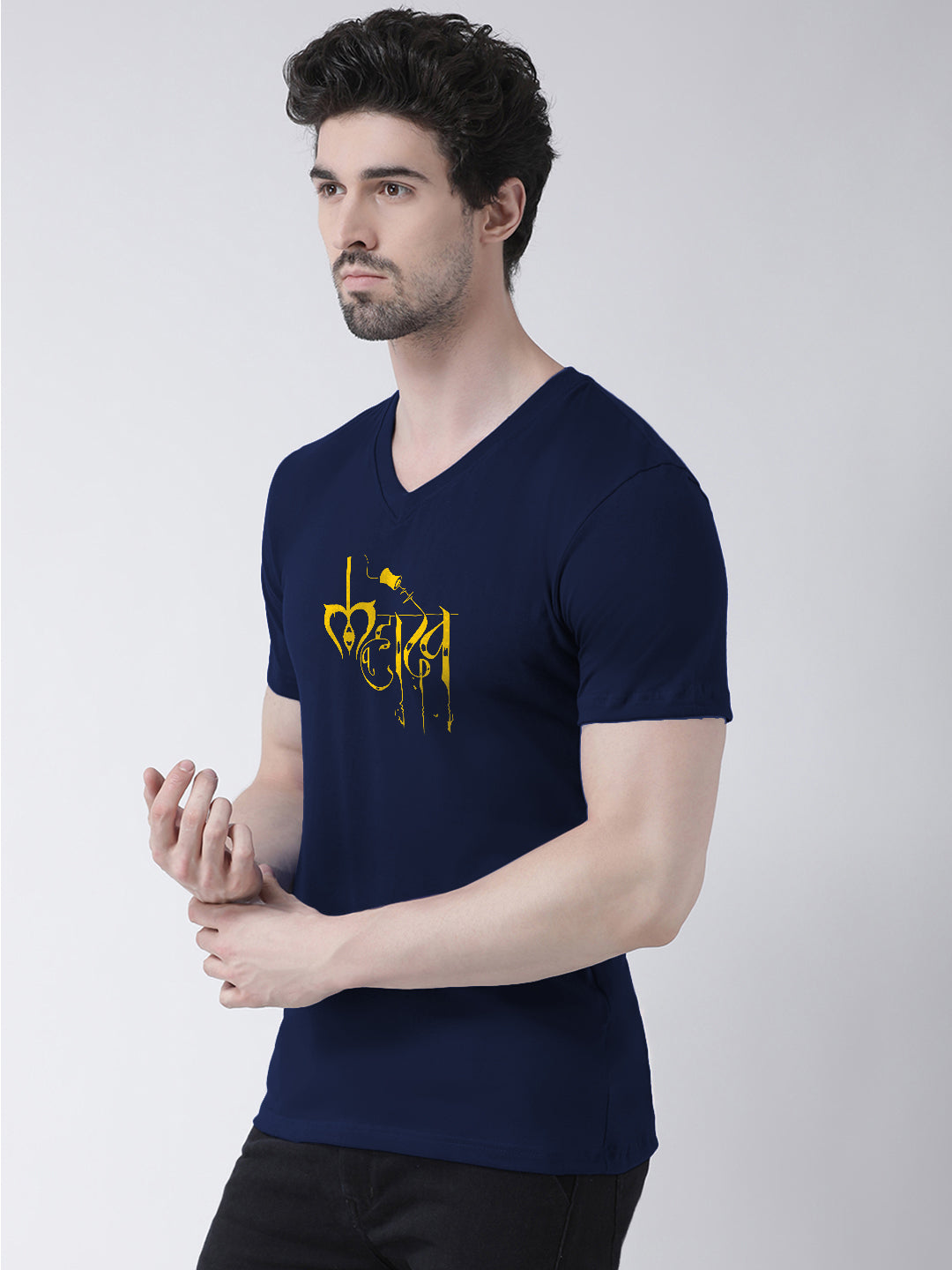 Men V-Neck Mahadev Printed Half Sleeve Cotton T-shirt - Friskers