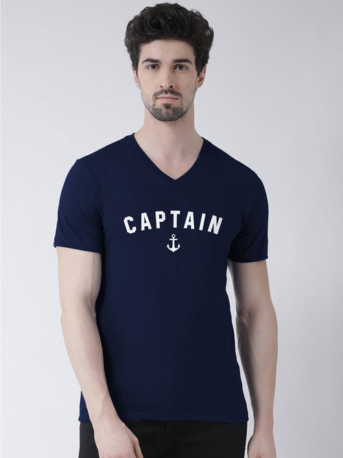 Men V-Neck Captain Printed Half Sleeve Cotton T-shirt