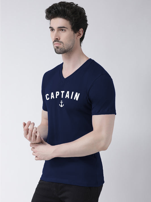 Men V-Neck Captain Printed Half Sleeve Cotton T-shirt - Friskers