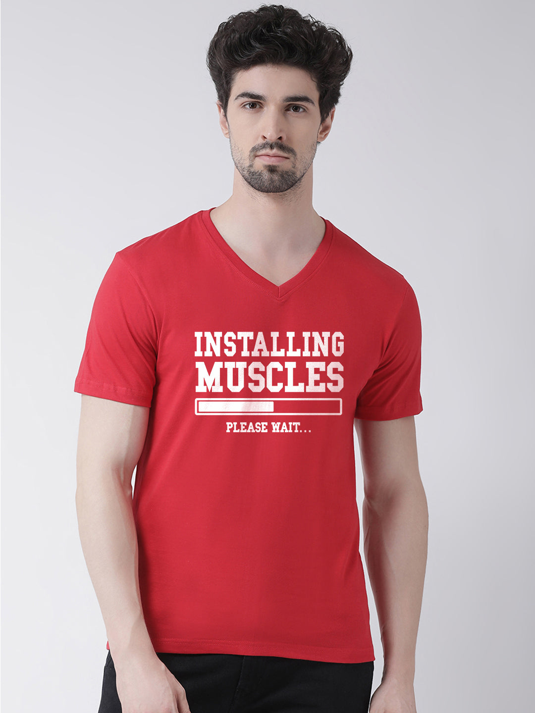 Men V-Neck Installing Muscles Printed Half Sleeve T-shirt - Friskers