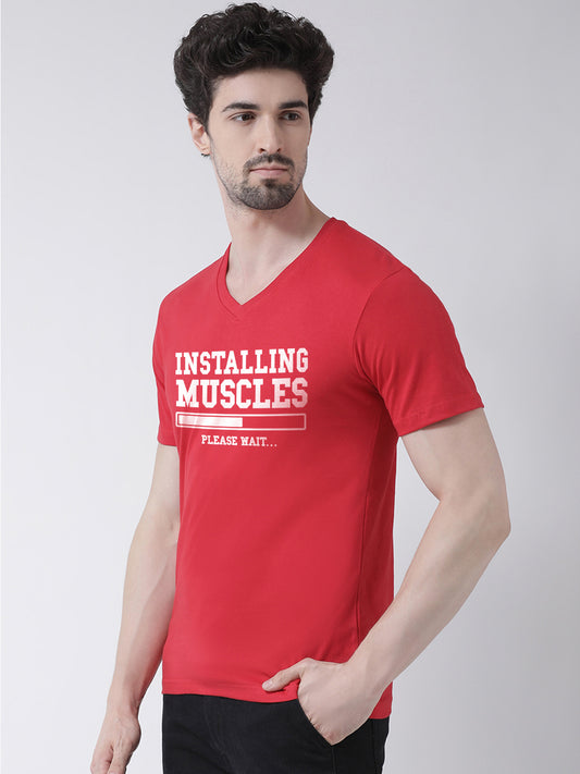 Men V-Neck Installing Muscles Printed Half Sleeve T-shirt - Friskers