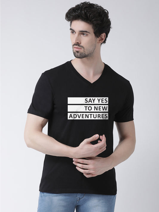 Men V-Neck New Adventure Cotton Half Sleeve Printed T-shirt - Friskers