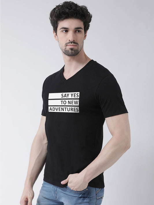 Men V-Neck New Adventure Cotton Half Sleeve Printed T-shirt - Friskers