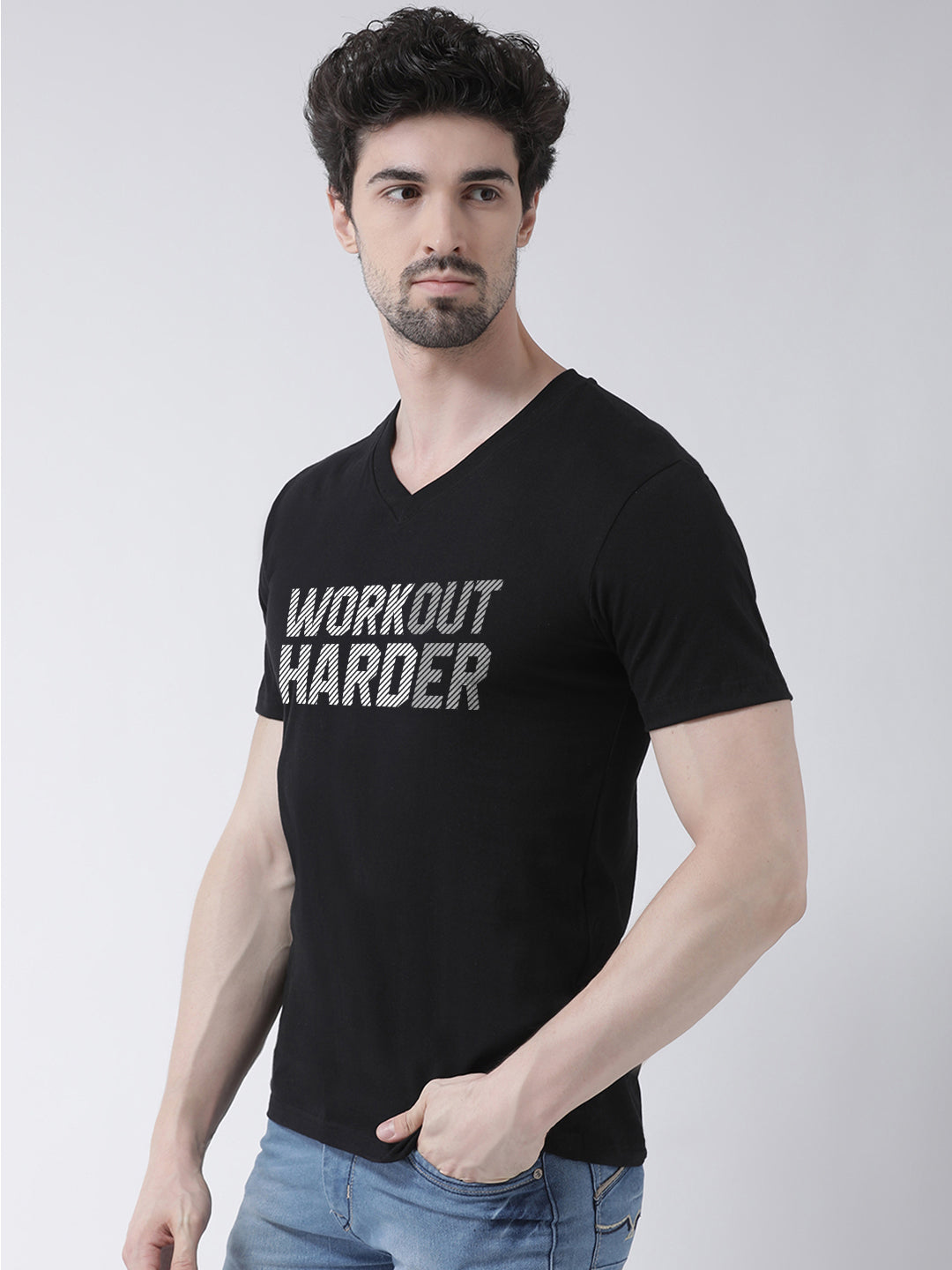 Men V-Neck Workout Printed Harder Half Sleeve T-shirt - Friskers