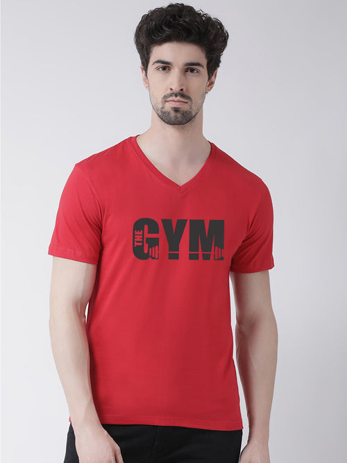 Men V-Neck Gym Printed Cotton Half Sleeve T-shirt