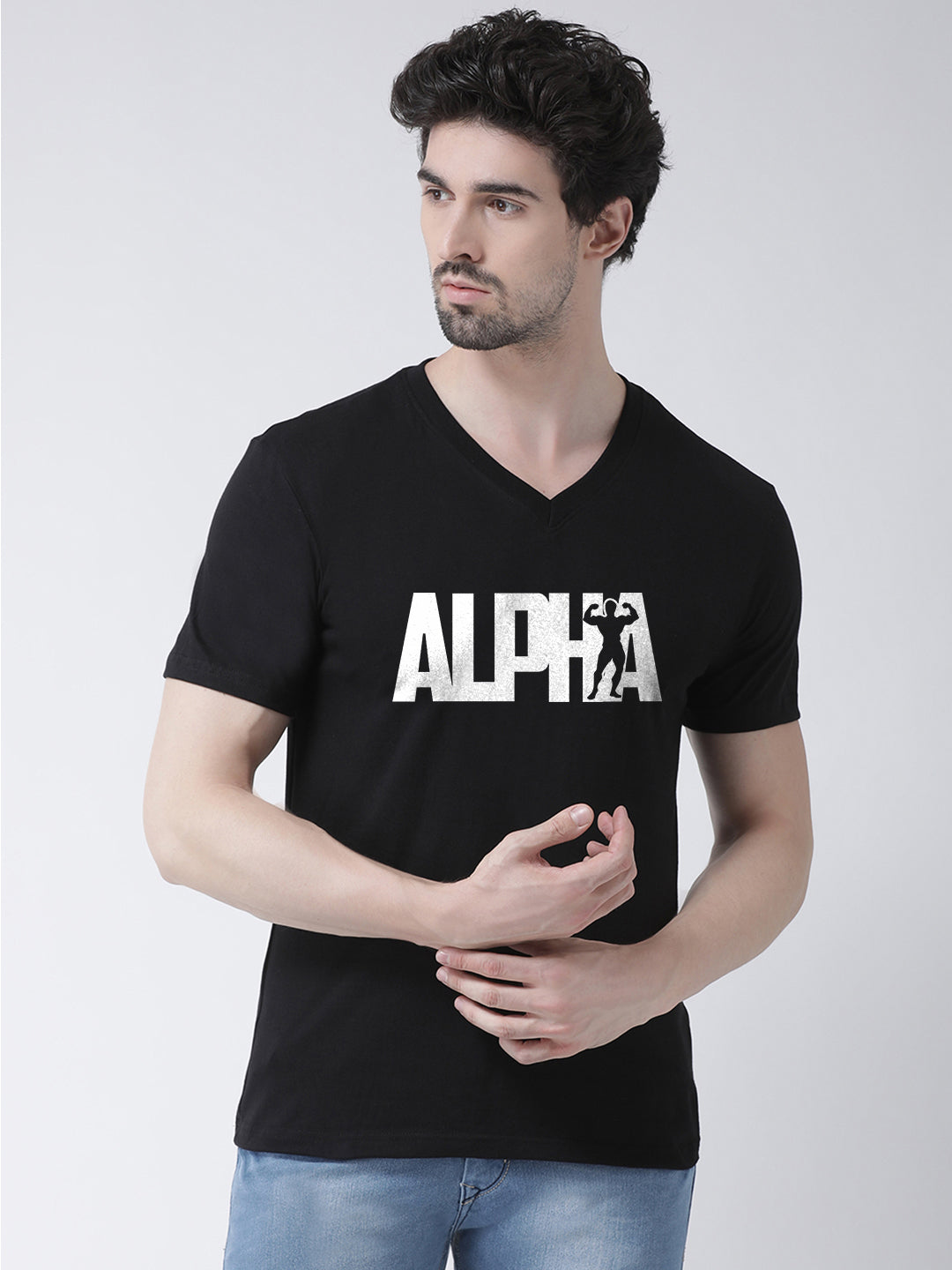 Men V-Neck Alpha Printed Cotton Half Sleeve T-shirt - Friskers