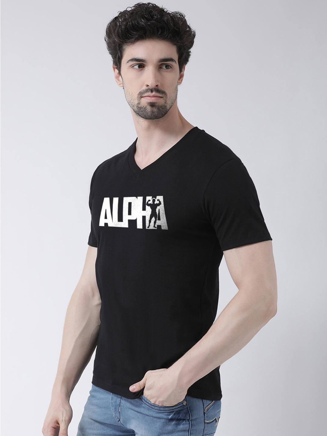 Men V-Neck Alpha Printed Cotton Half Sleeve T-shirt - Friskers