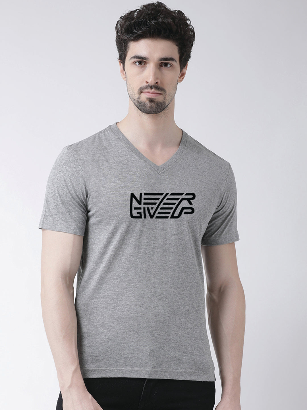 Men's Never Giveup Cotton Regular Fit V Neck T-Shirt - Friskers