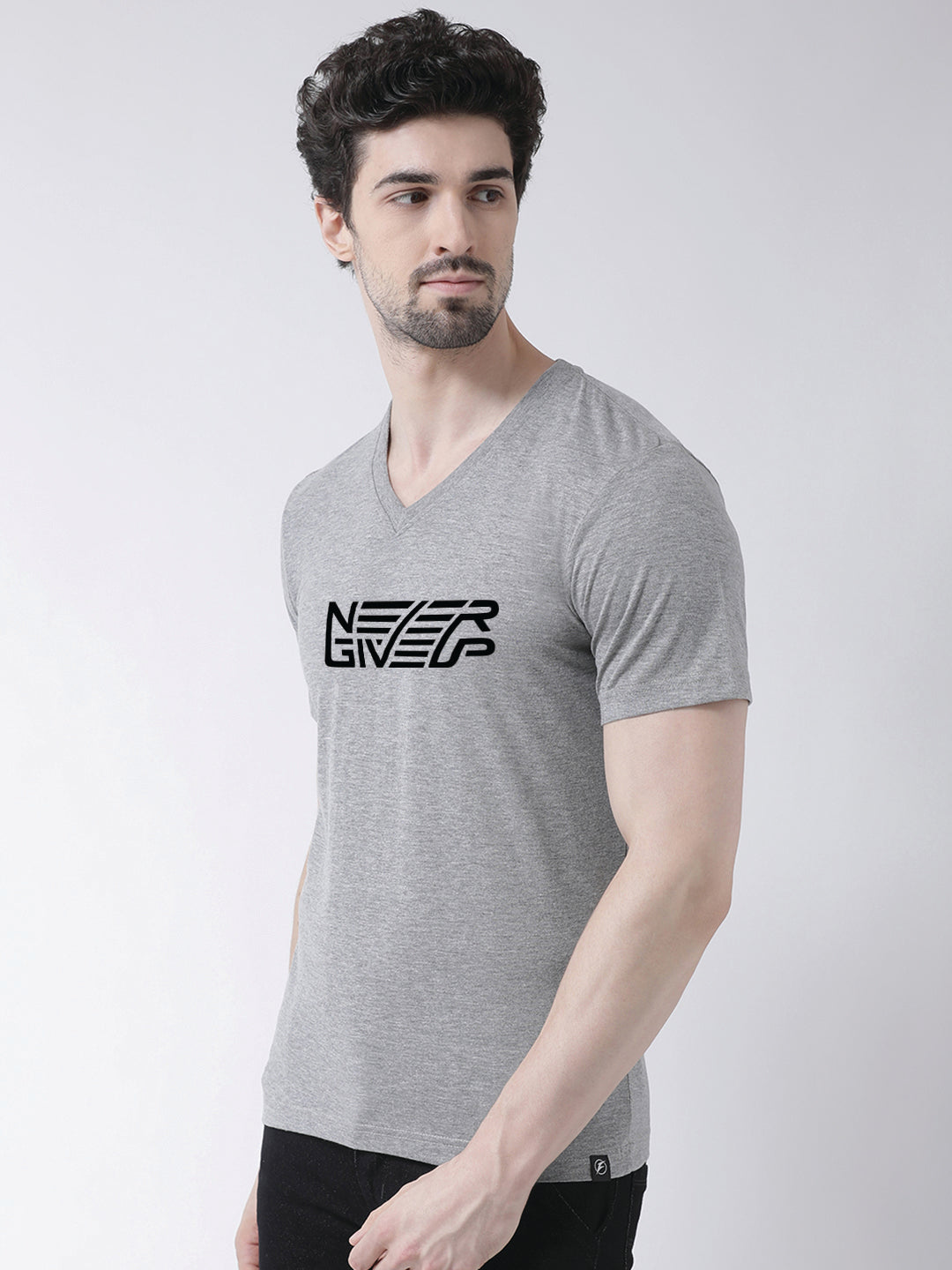 Men's Never Giveup Cotton Regular Fit V Neck T-Shirt - Friskers