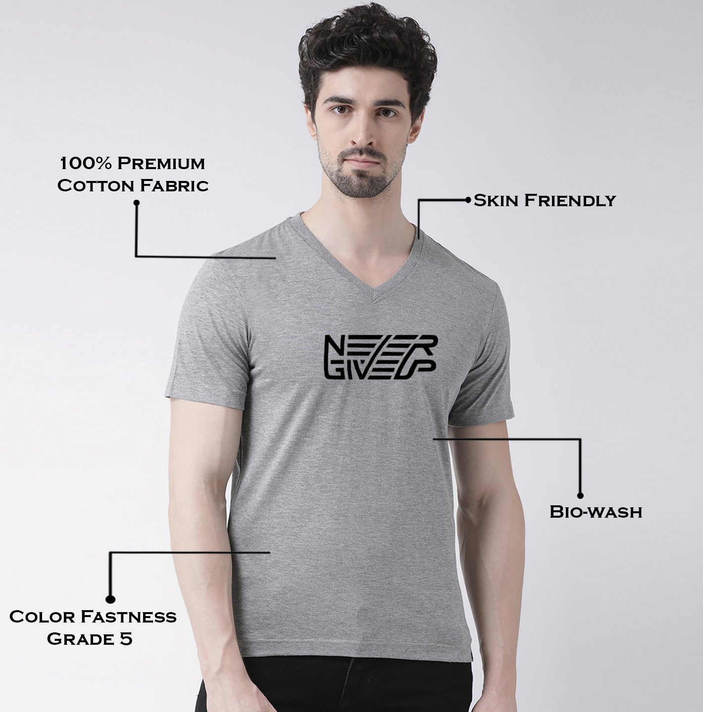 Men's Never Giveup Cotton Regular Fit V Neck T-Shirt - Friskers