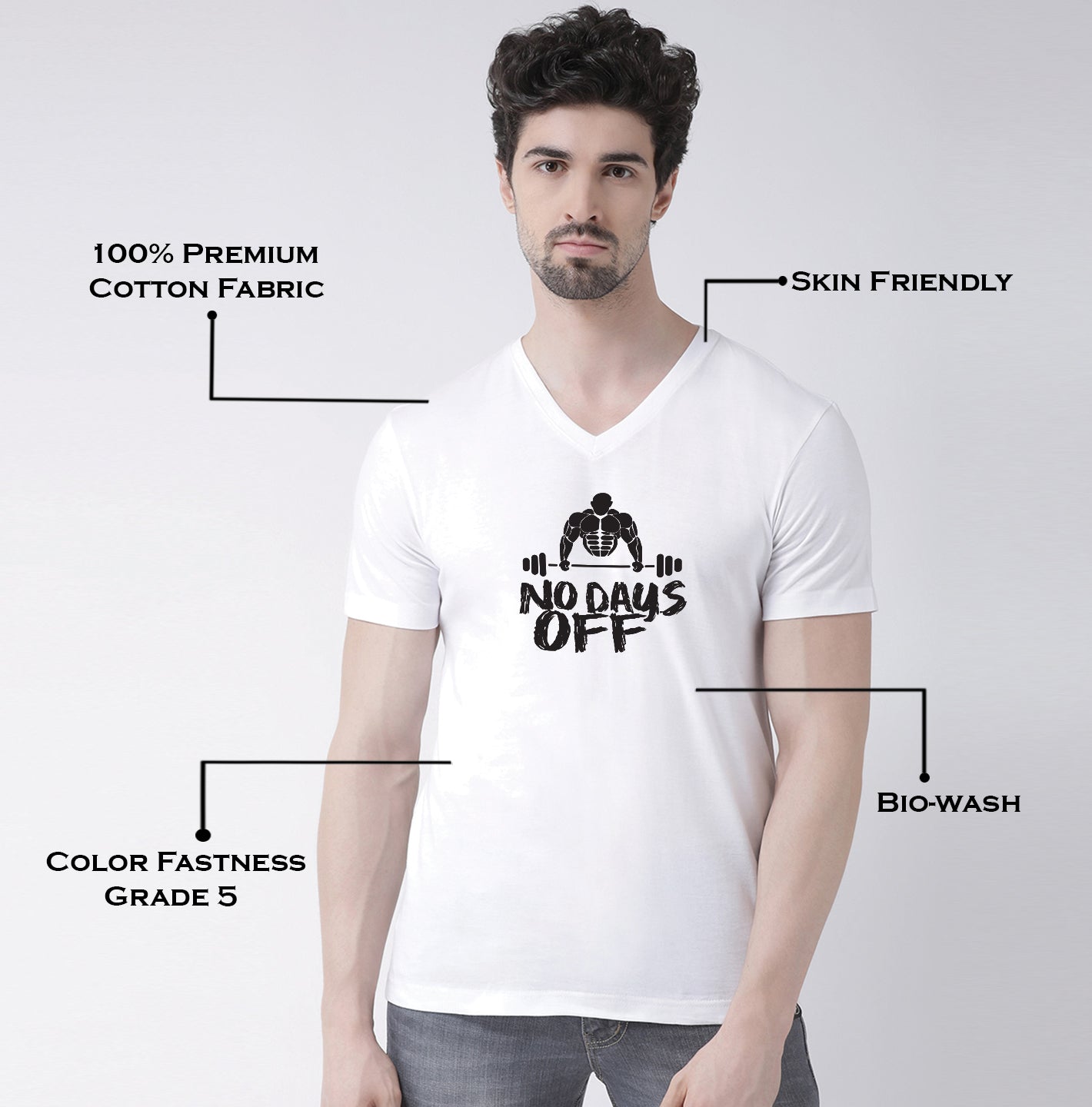 Men's No Days Off Pure Cotton Regular Fit V Neck T-Shirt - Friskers