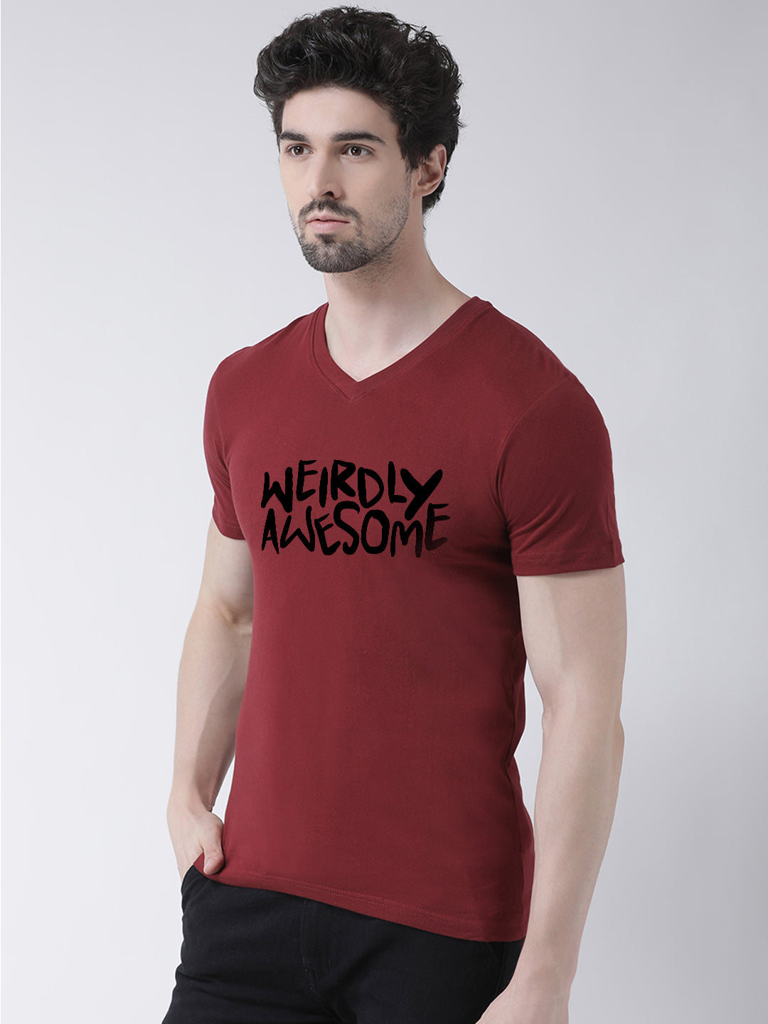 Men V-Neck Weirdly Awesome Half Sleeve T-shirt - Friskers