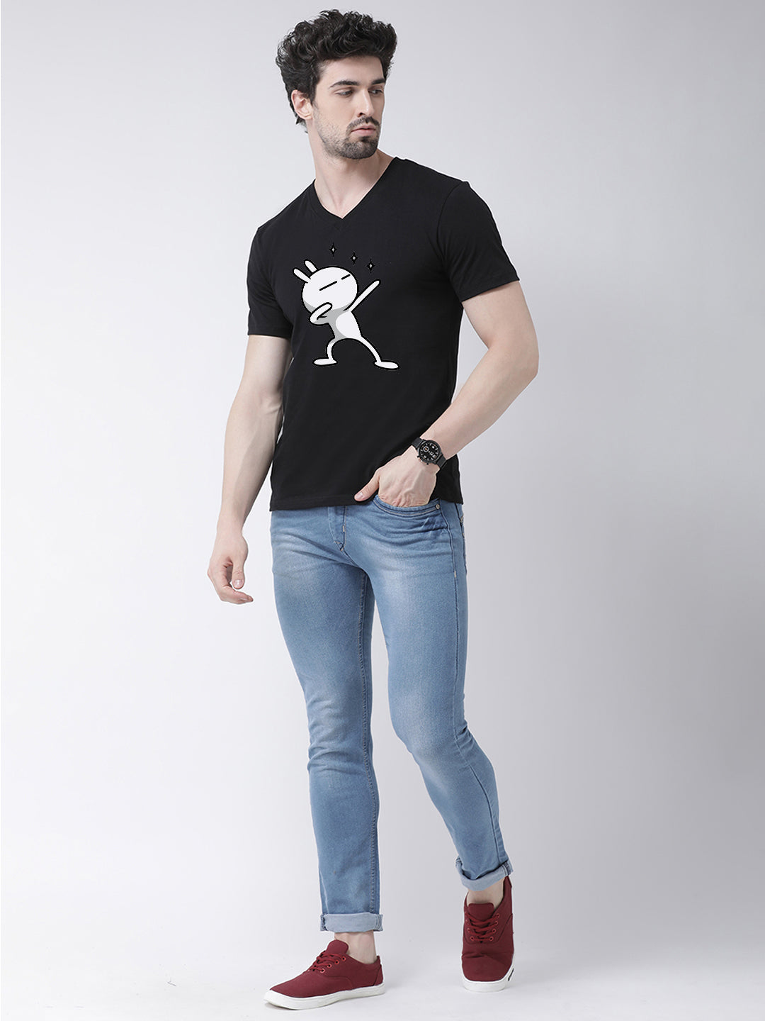 Men V-Neck Pure Cotton Printed Half Sleeve T-shirt - Friskers