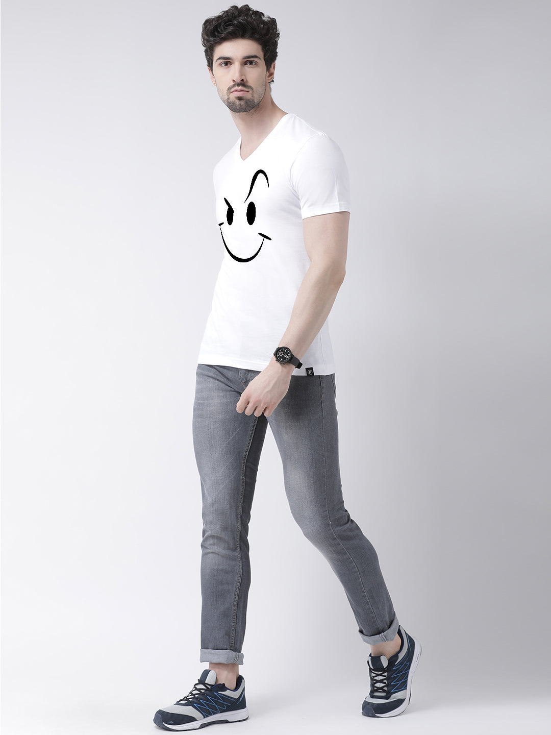 Men V-Neck Smiley Printed Half Sleeve T-shirt - Friskers