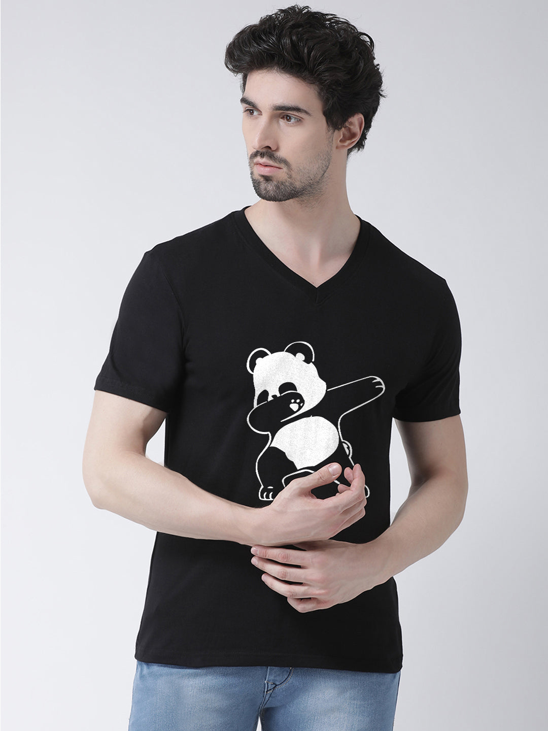 Men V-Neck Panda Printed Cotton Half Sleeve T-shirt - Friskers