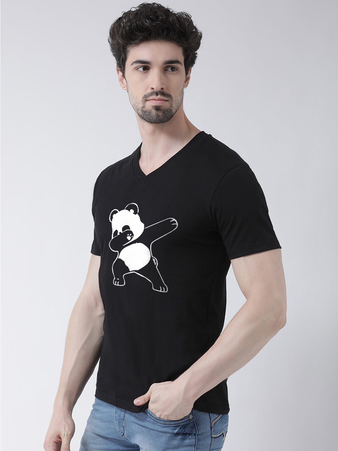 Men V-Neck Panda Printed Cotton Half Sleeve T-shirt - Friskers