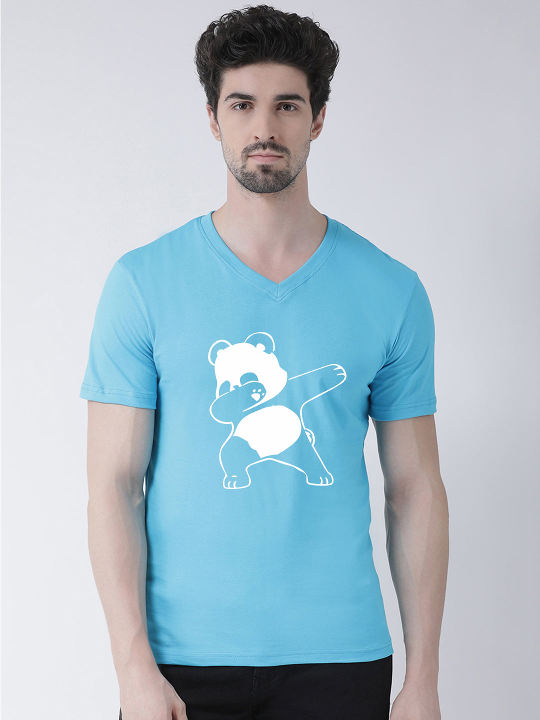 Men V-Neck Panda Printed Cotton Half Sleeve T-shirt - Friskers