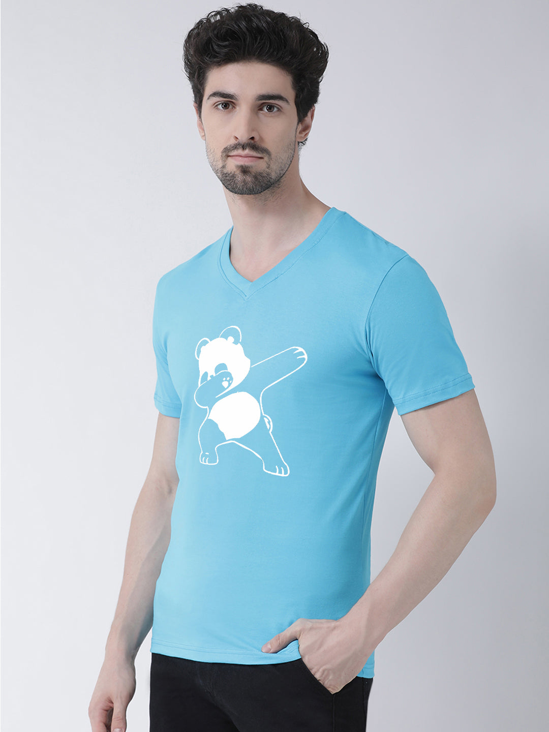 Men V-Neck Panda Printed Cotton Half Sleeve T-shirt - Friskers