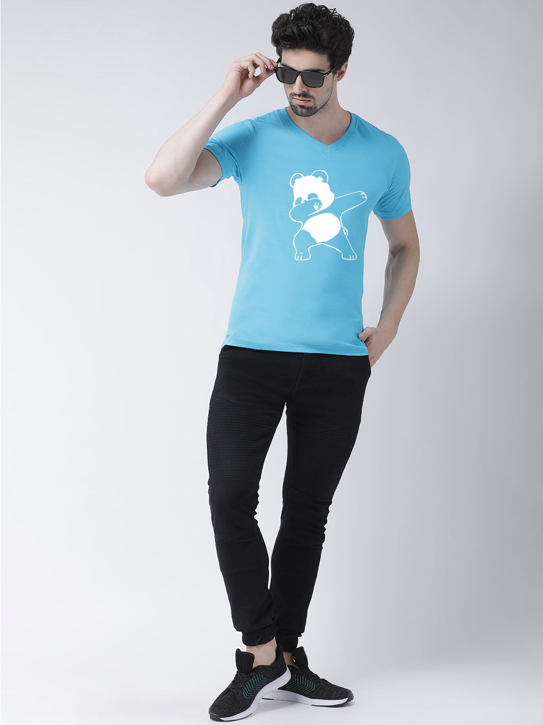 Men V-Neck Panda Printed Cotton Half Sleeve T-shirt - Friskers