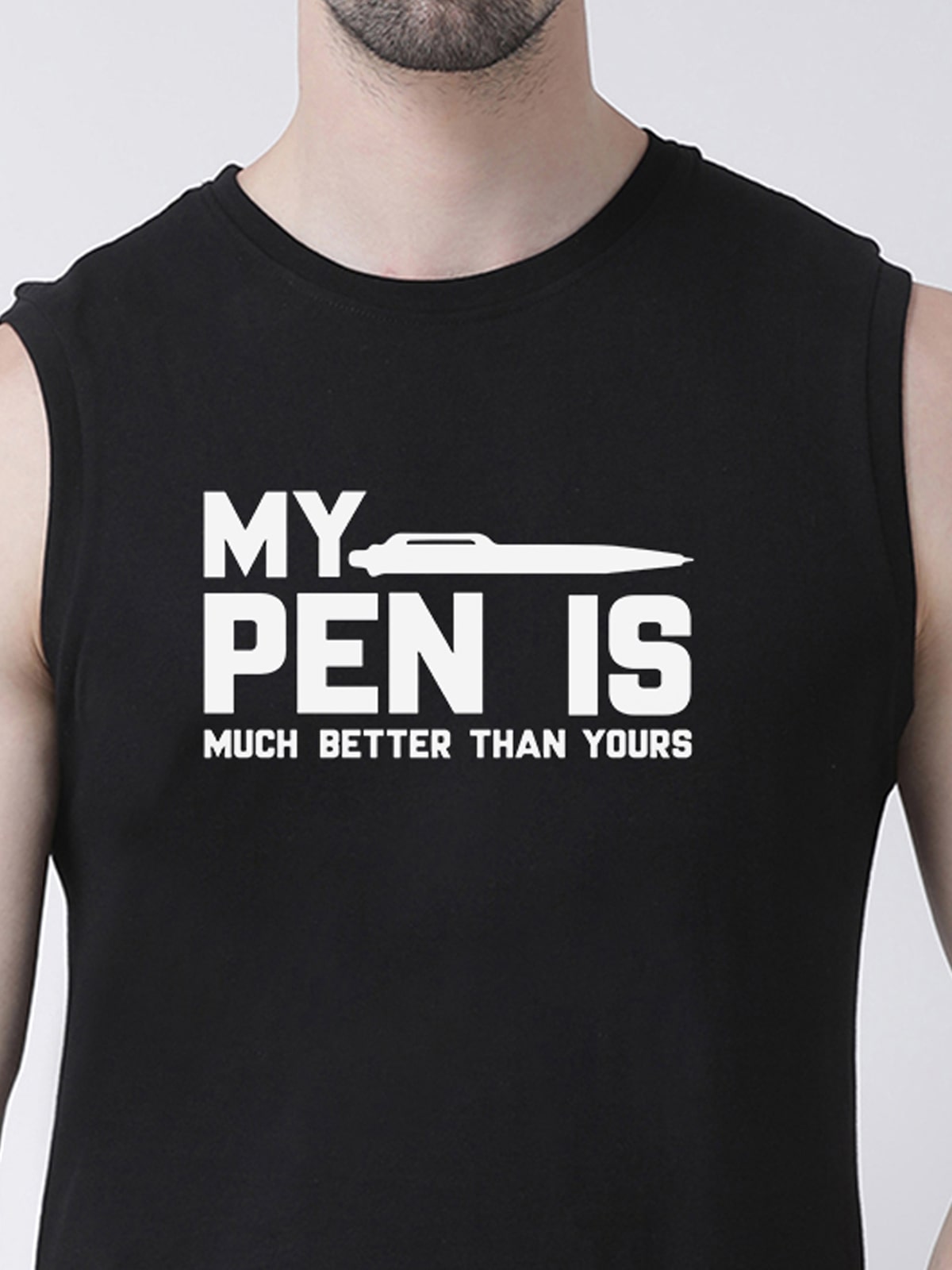 Men My Pen Is Better Than Yours Printed Cotton Gym Vest - Friskers