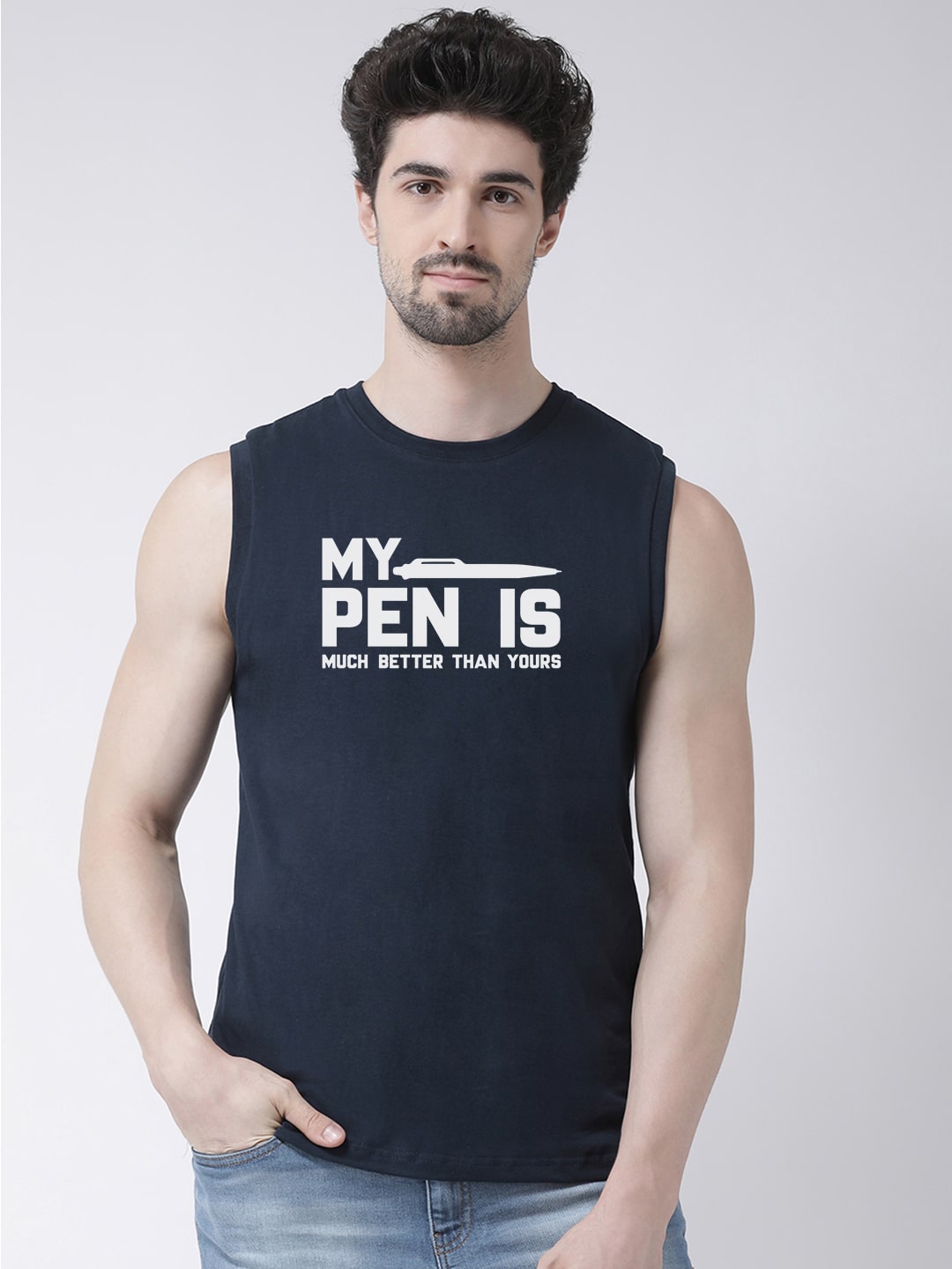 Men My Pen Is Better Than Yours Printed Cotton Gym Vest - Friskers