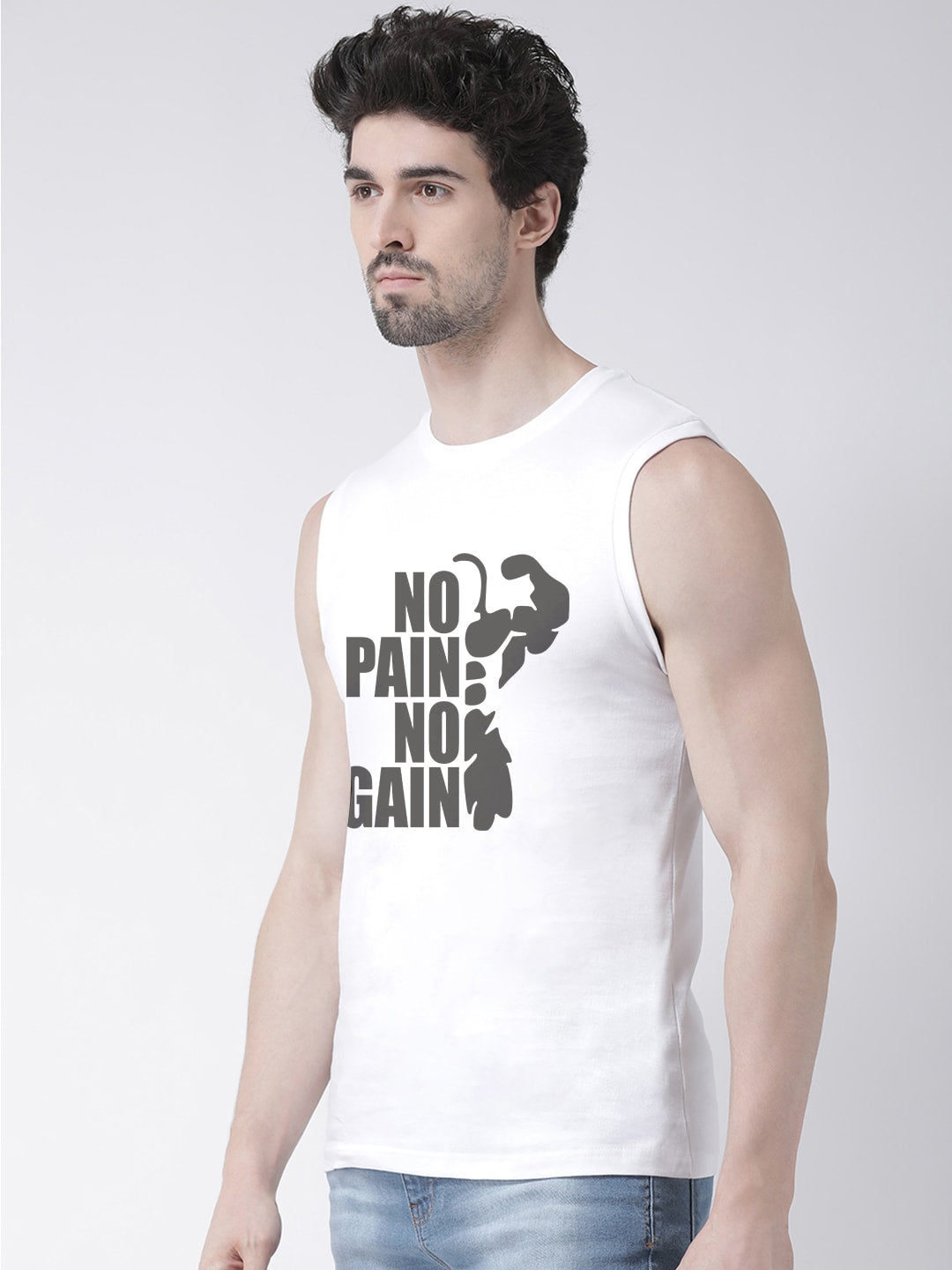 Men No Pain No Gain Printed Cotton Gym Vest - Friskers