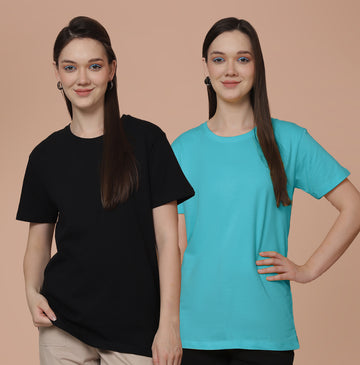 Friskers Pack Of 2 Black Combination Round Neck Half Sleeves Long T-Shirt